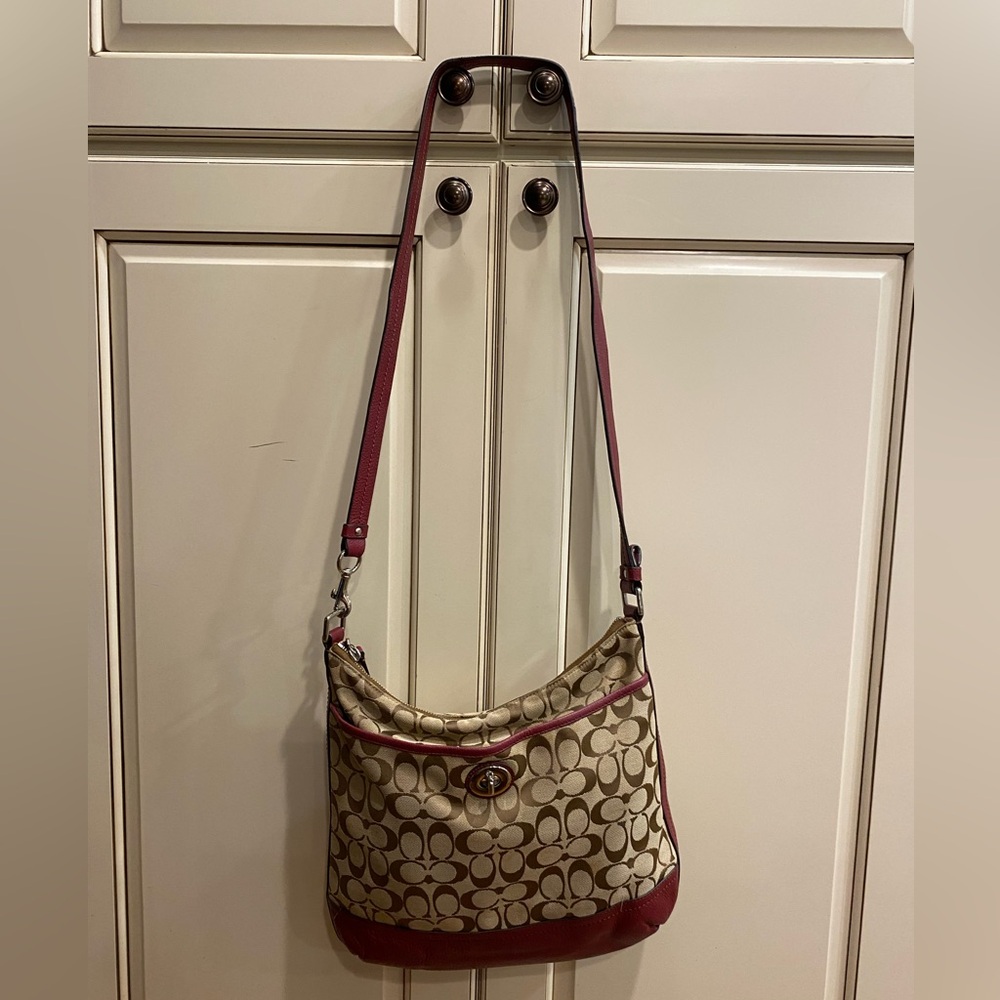 Coach canvas & burgundy leather crossbody